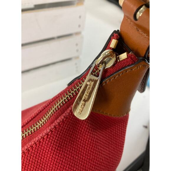 MICHAEL KORS, LARGE RED CANVAS, BROWN LEATHER SHOULDER BAG - Picture 11 of 16